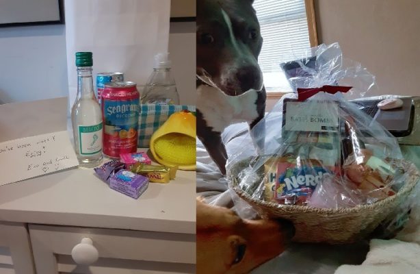wining baskets with wine ans sweets