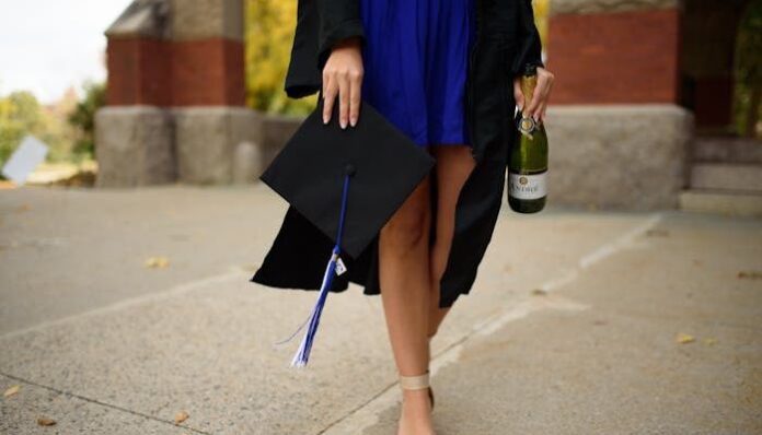Woman Who Graduated Woman Holding Cap and Champagne After Graduating College