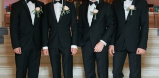 Groom and Groomsmen Waiting for Wedding in London Wedding Suits