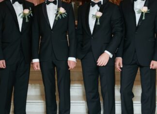 Groom and Groomsmen Waiting for Wedding in London Wedding Suits
