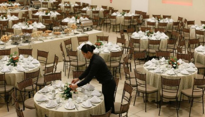 Professional Event Rentals Woman wearing all black setting up event