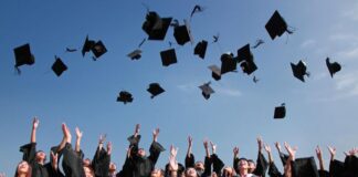Graduation Celebration With Many Students Throwing Caps in the air