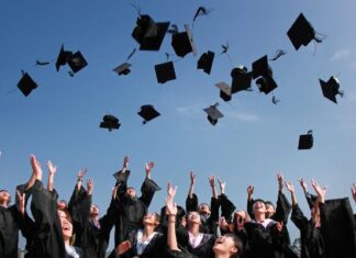 Graduation Celebration With Many Students Throwing Caps in the air